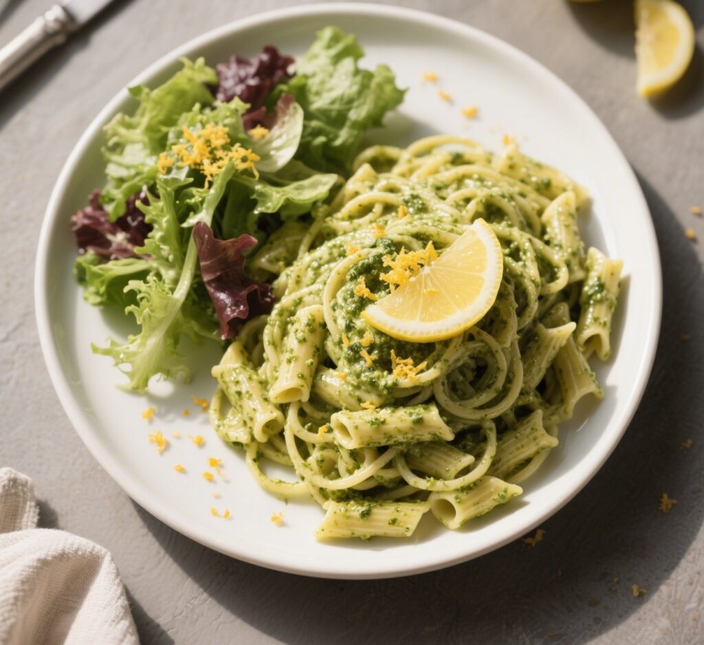 Creamy pesto pasta topped with chicken and lemon zest