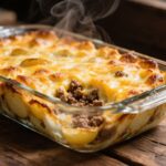 Potato gratin with ground beef in casserole dish close-up