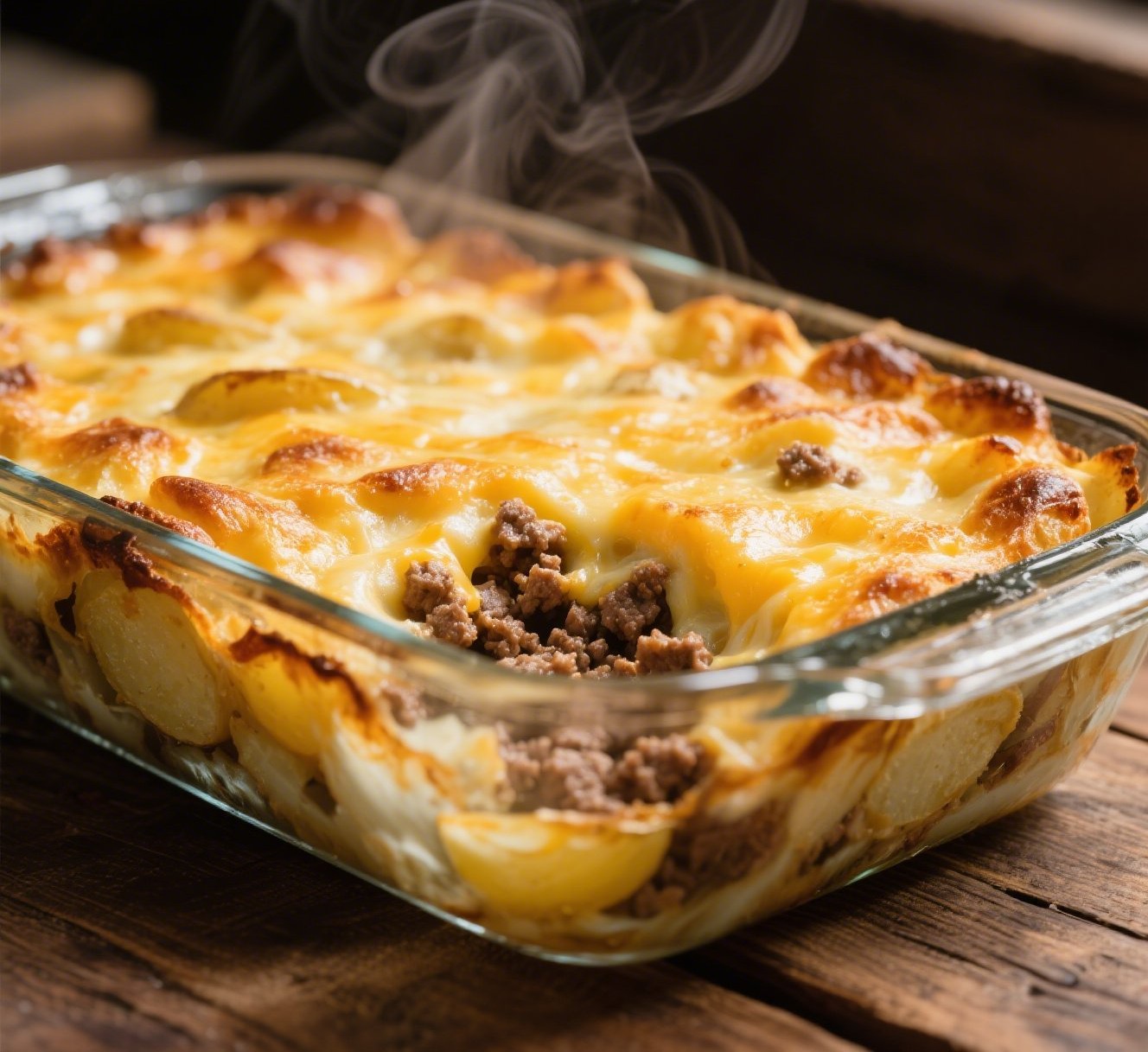 Potato gratin with ground beef in casserole dish close-up