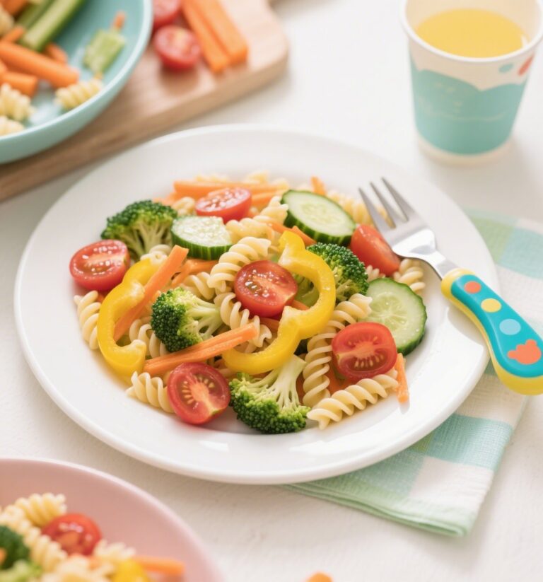 Rainbow Veggie Pasta Salad in a glass Plat