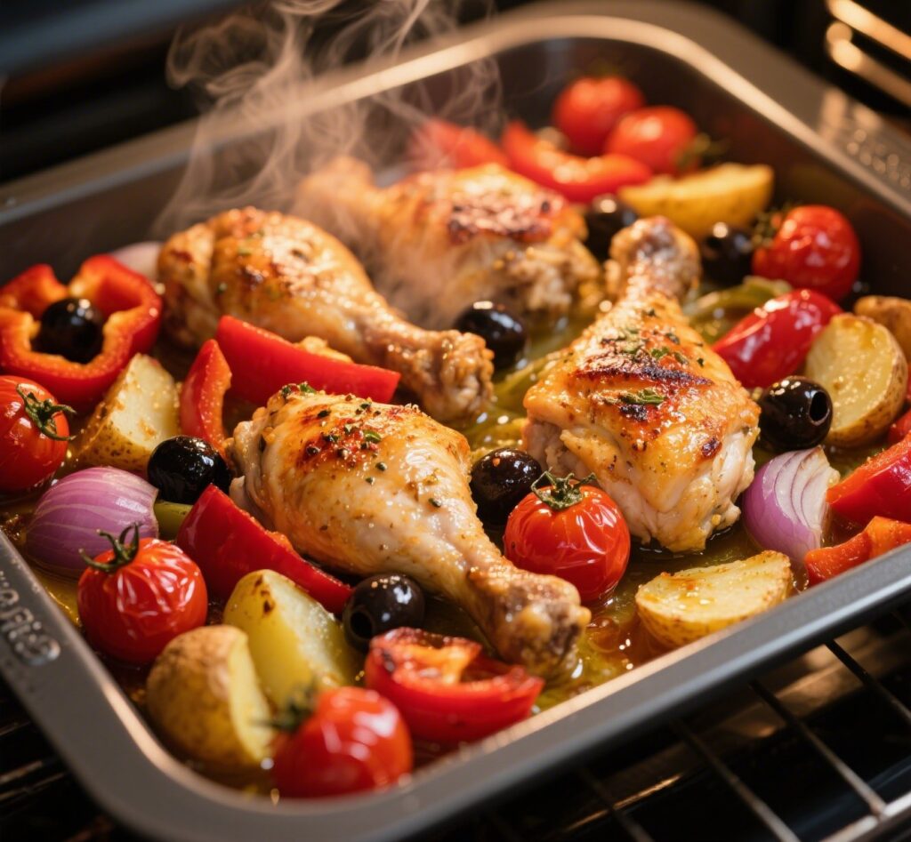 Mediterranean chicken roasting with vegetables in an oven tray