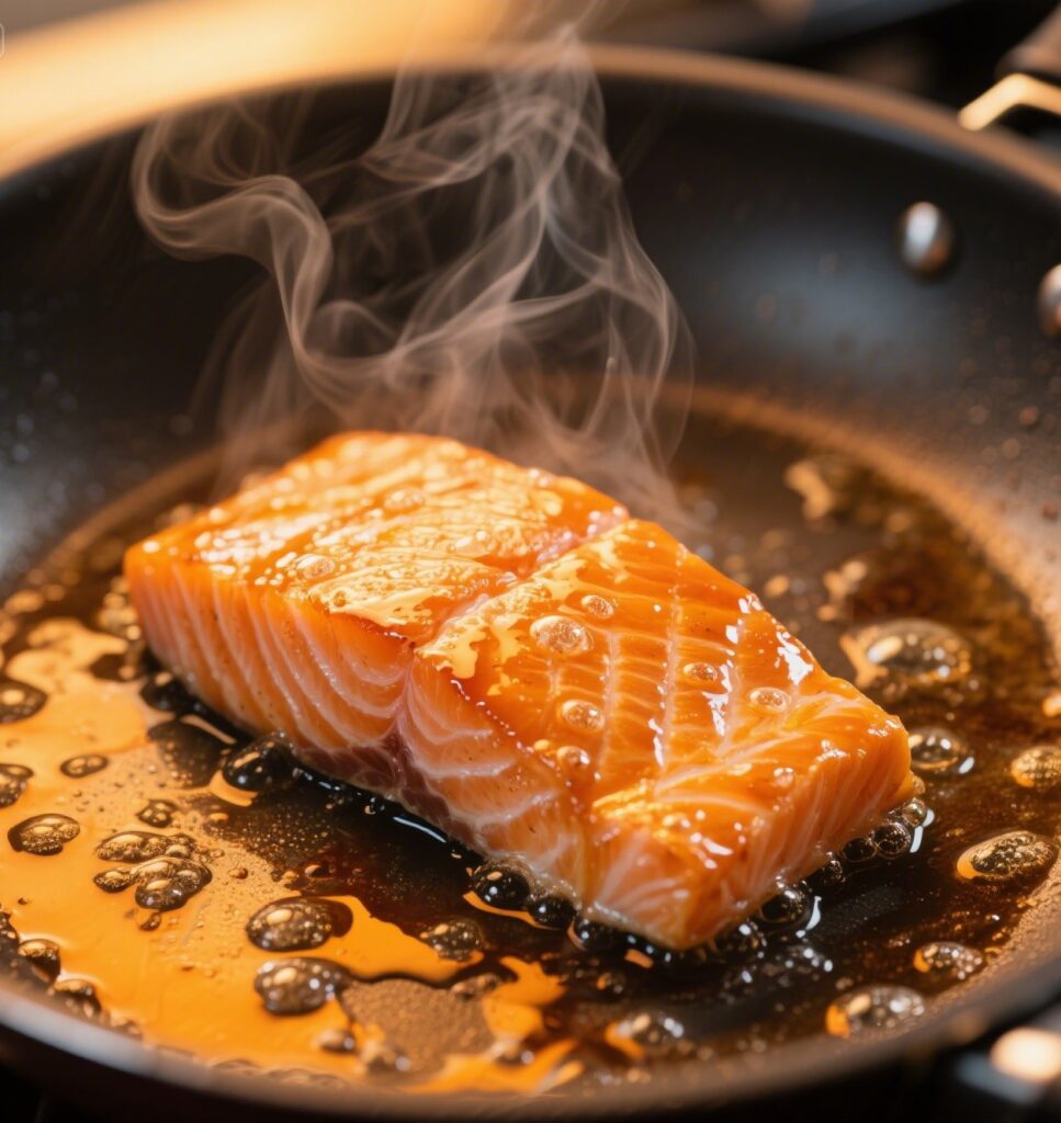 Pan-searing salmon in honey soy glaze