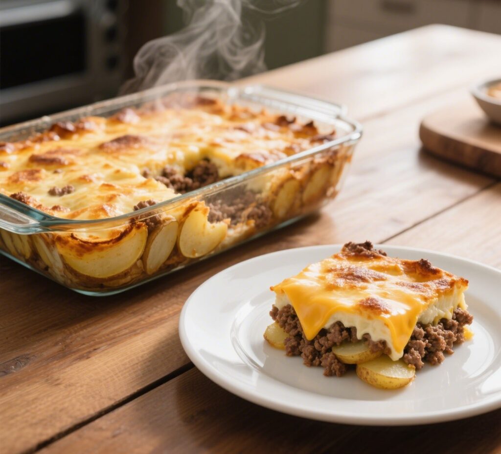 Served portion of potato gratin with ground beef and melted cheddar