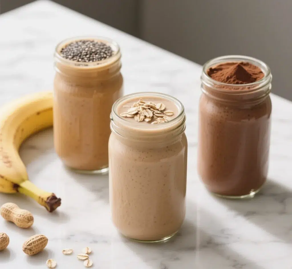 Variations of banana and peanut butter smoothie with toppings