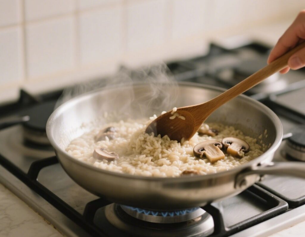 Stirring creamy risotto in a pot with wooden spoon