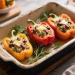 stuffed bell peppers with quinoa and veggies in baking dish