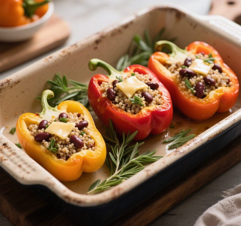 stuffed bell peppers with quinoa and veggies in baking dish