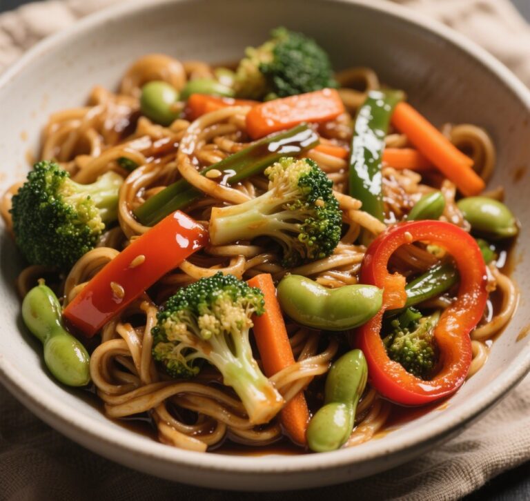 Vegetarian stir-fry noodles with broccoli, carrots, and tamari sauce