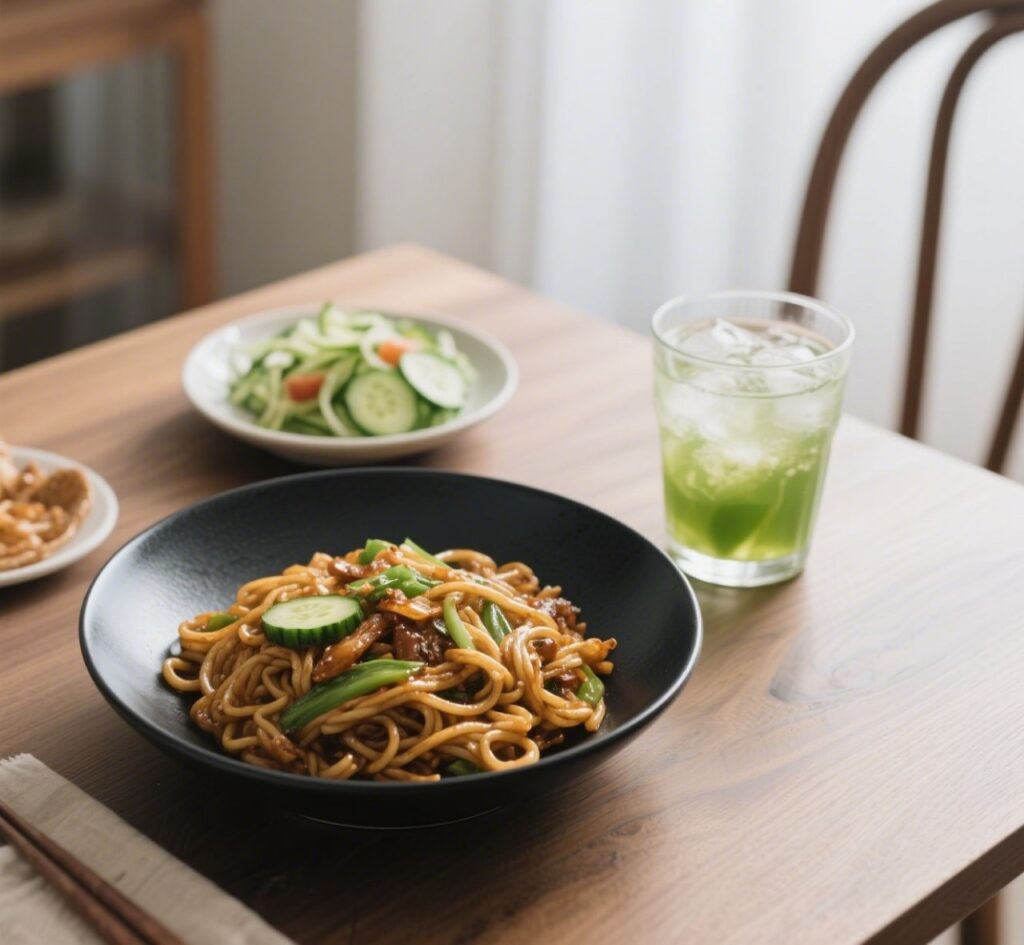Stir-fry noodles served with sides and green tea