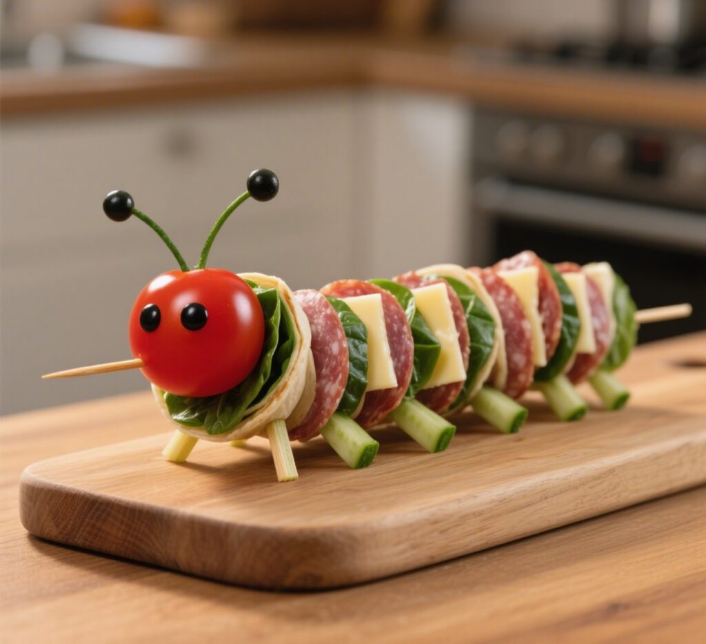 Veggie caterpillar kabob with spinach wrap and salami