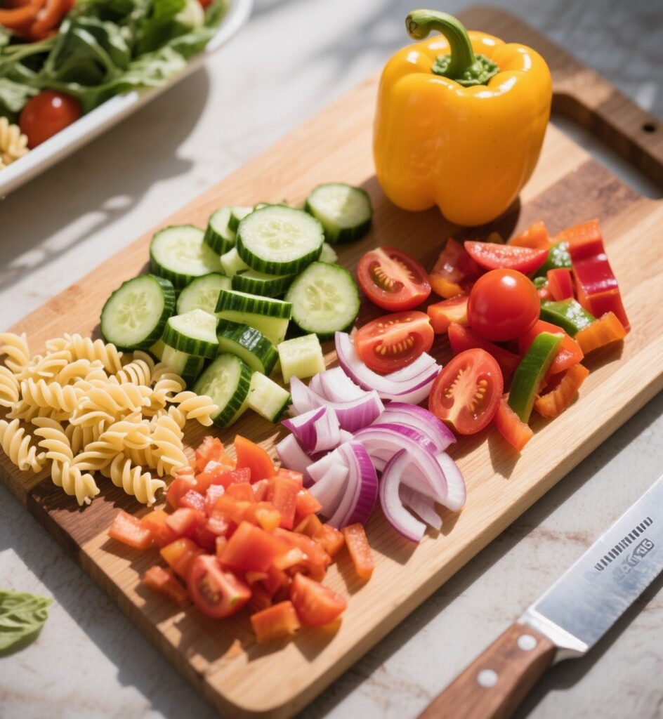Fresh chopped vegetables for rainbow pasta salad