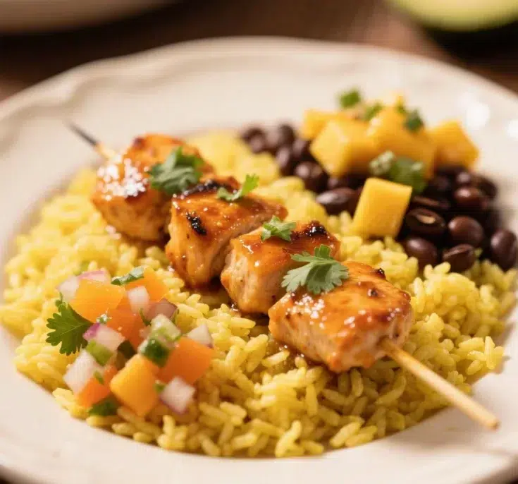 Cilantro Orange Chicken with Rice and Beans served with tropical salsa