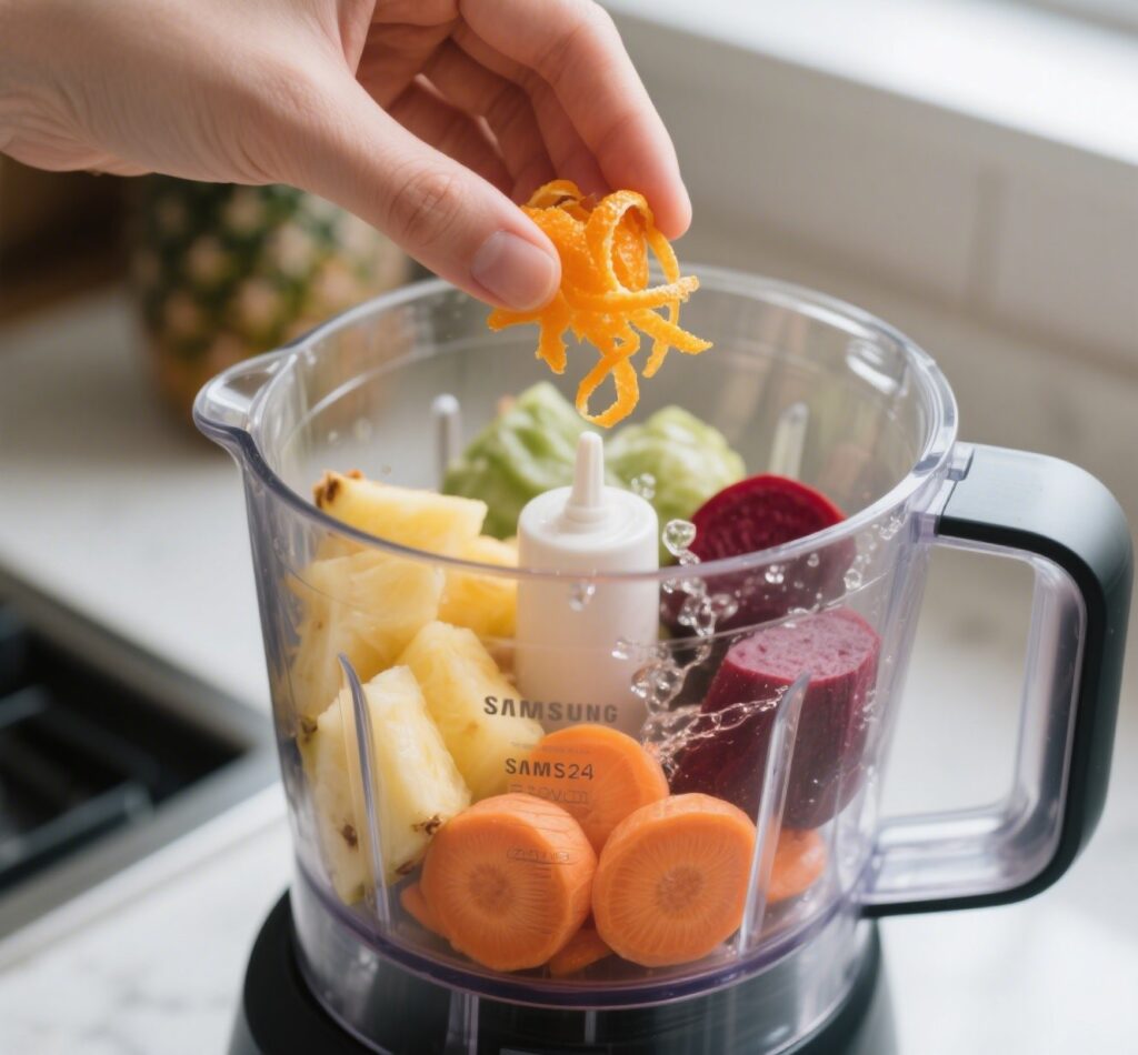 Hand adding orange zest to detox juice blender