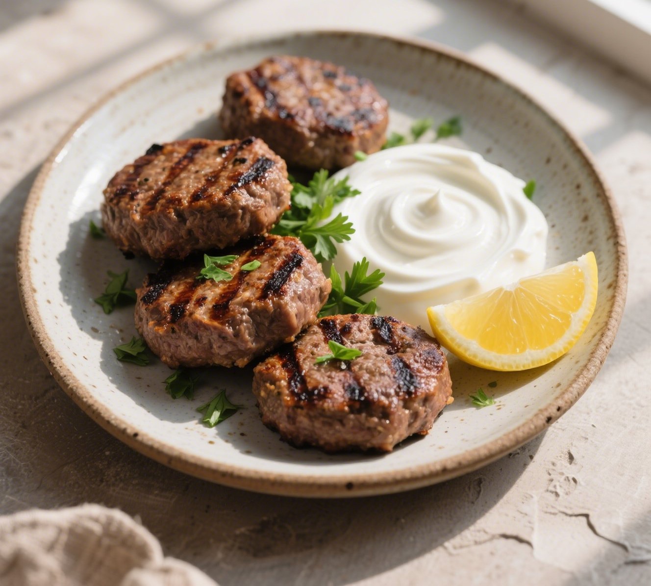 Beef Kofta with Greek Yogurt Sauce on a plate