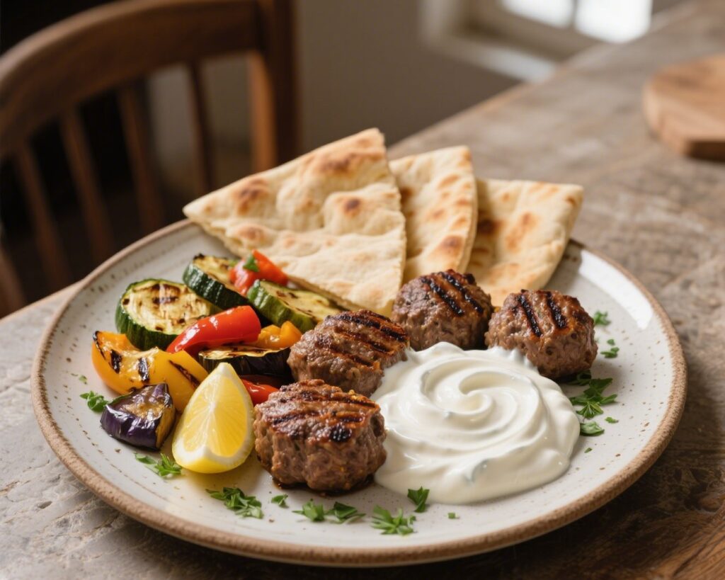 Full Mediterranean beef kofta meal with yogurt sauce