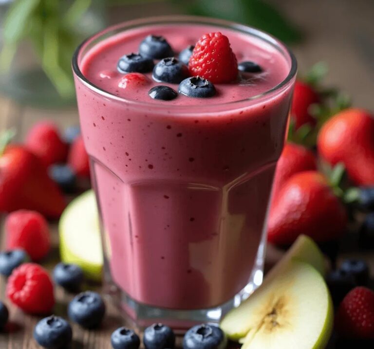 Berry Apple Boost Juice in a glass with fresh fruits