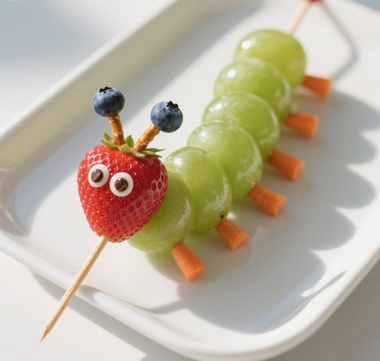 Caterpillar Fruit Kabobs with grapes and strawberry head