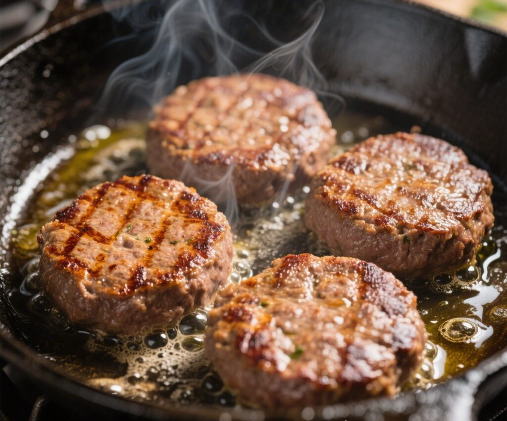 Cooking beef kofta in a skillet