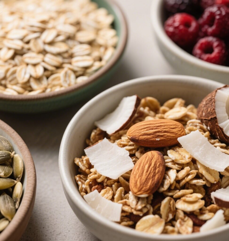 Healthy granola ingredients for yogurt bowls