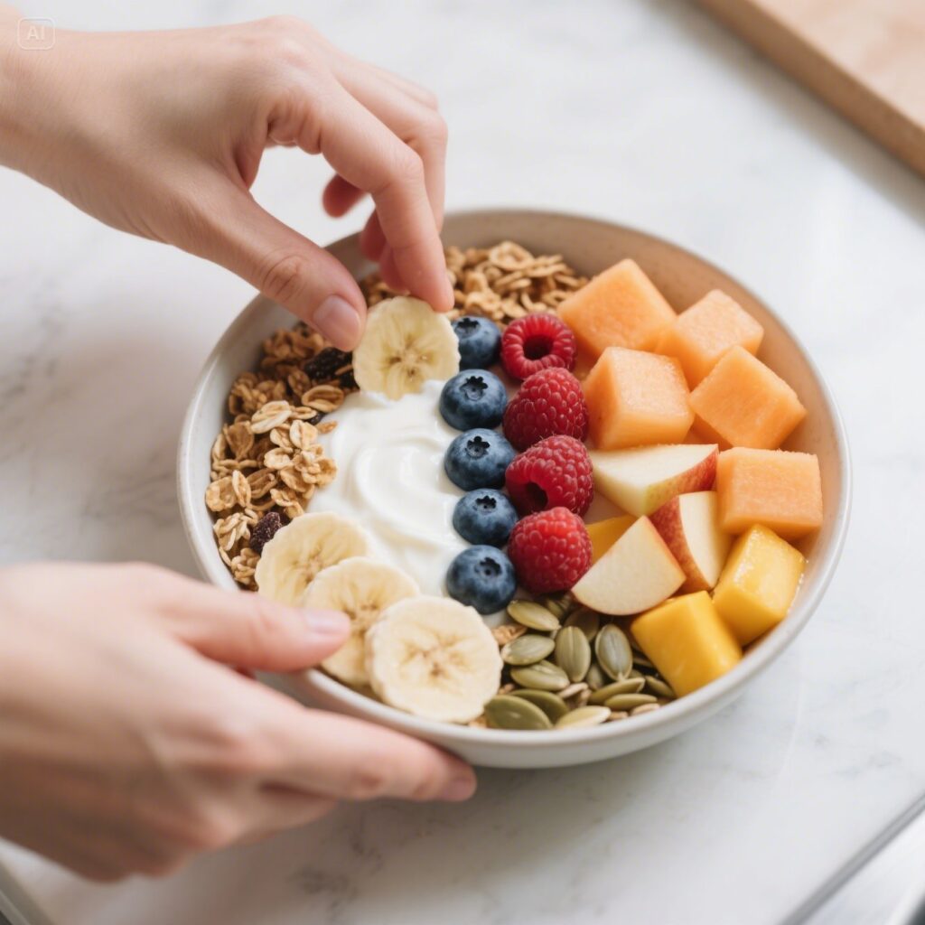 Making a yogurt with granola bowl at home