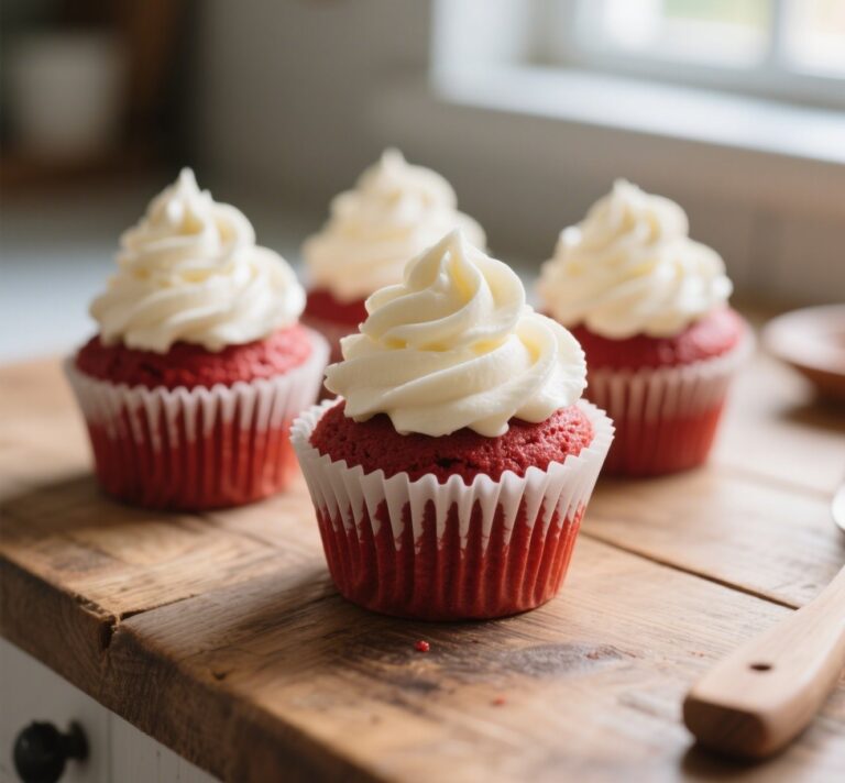 Red velvet cupcakes with cream cheese frosting close-up