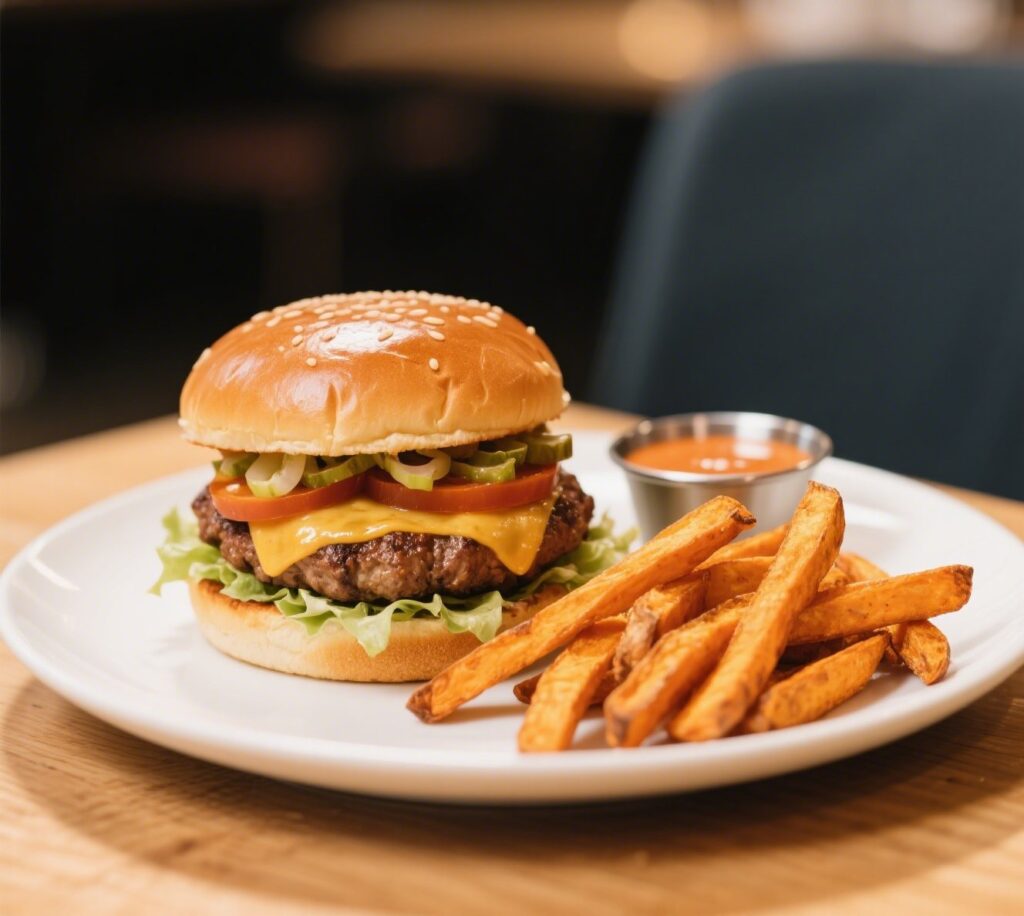 Turkey burger with toppings and sauces