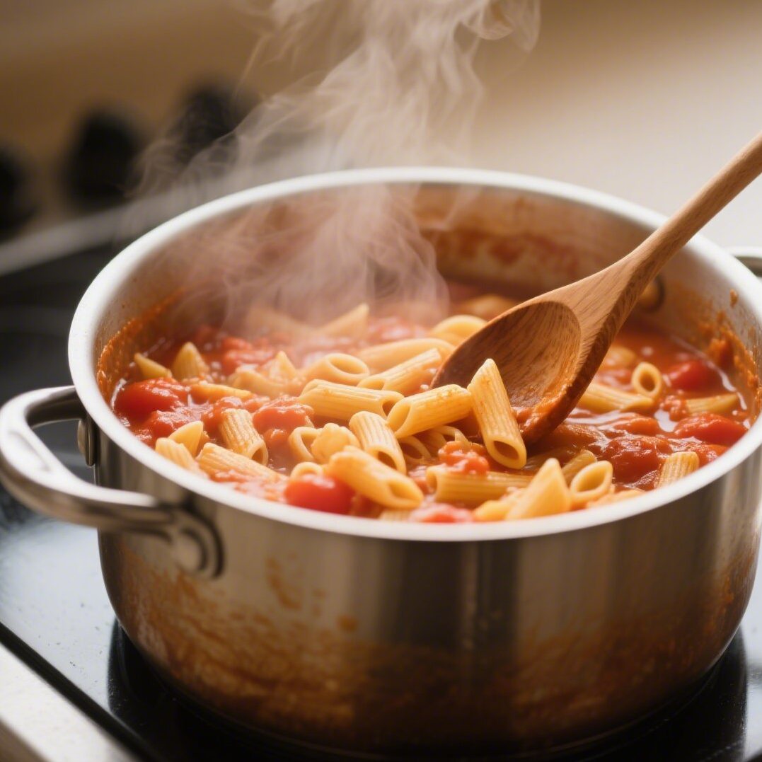  pasta simmering in tomato sauce being stirred in a pot
