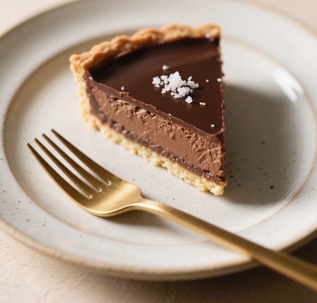 Slice of chocolate tart with sea salt