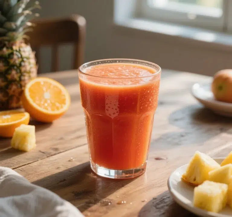 Sunrise Citrus Detox Juice in a glass with fresh ingredients
