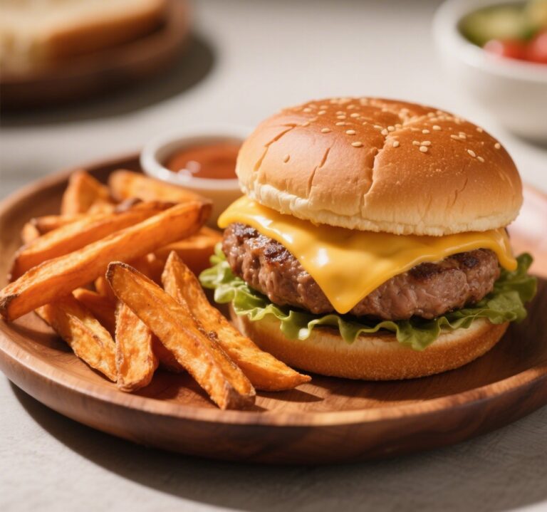Juicy turkey burger with crispy sweet potato fries