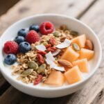 Yogurt with granola bowl topped with fresh fruit and nuts