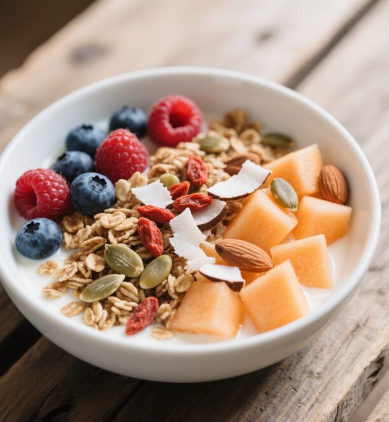 Yogurt with granola bowl topped with fresh fruit and nuts