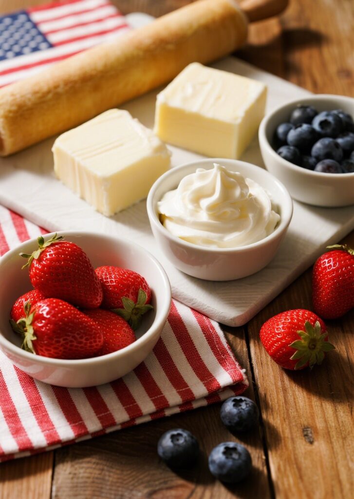 Flat lay of Americain flag fruit pizza ingredients including berries, cream cheese, and cookie dough