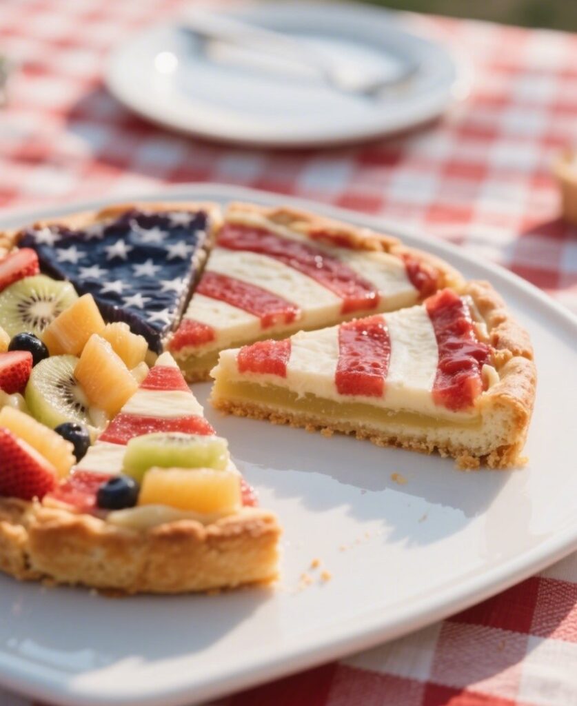 Americain flag fruit pizza sliced into squares and garnished with different fruit