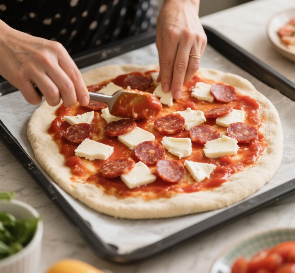 assembling spicy chorizo pizza with toppings