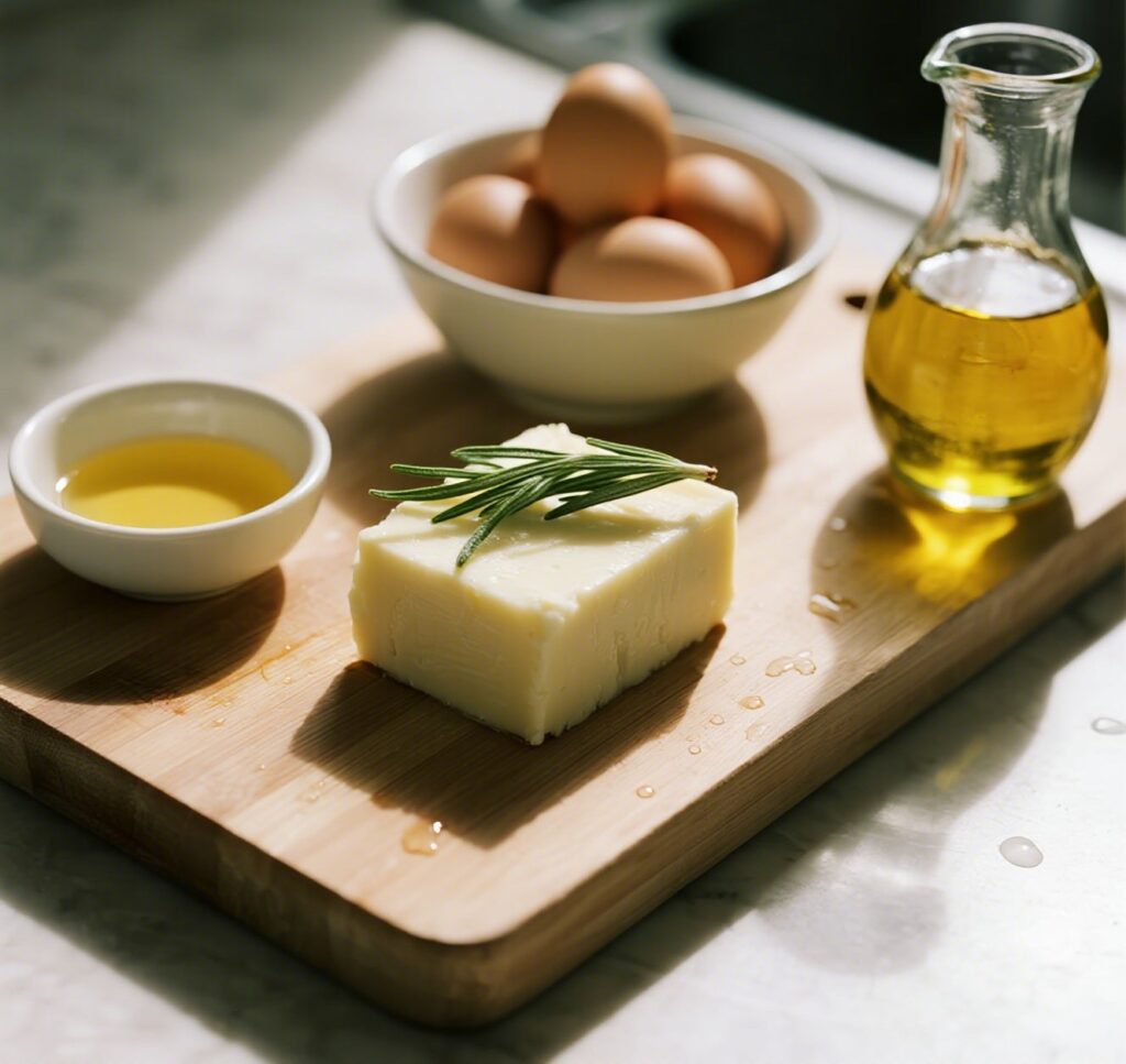 Ingredients for baked feta eggs on wooden board