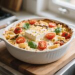 baked feta pasta in ceramic dish