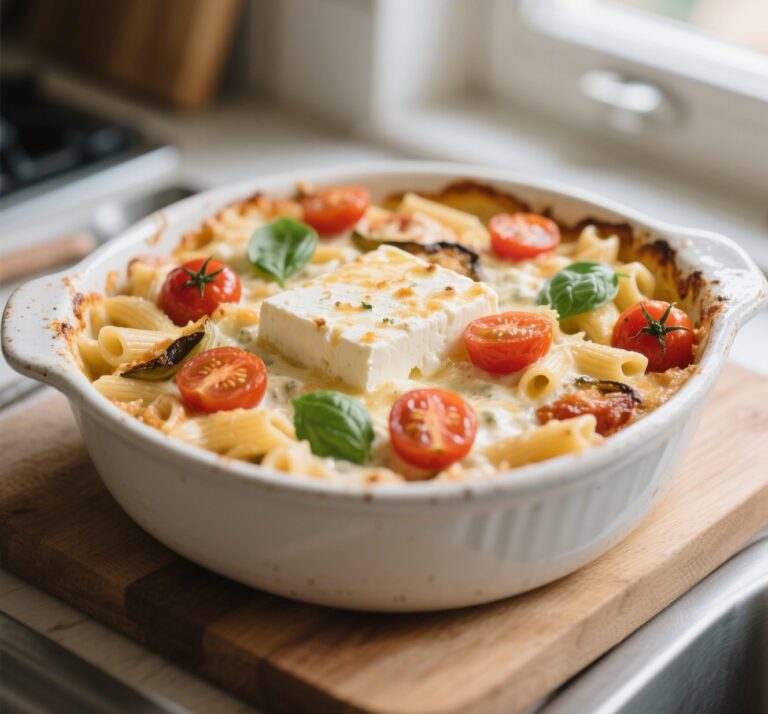 baked feta pasta in ceramic dish