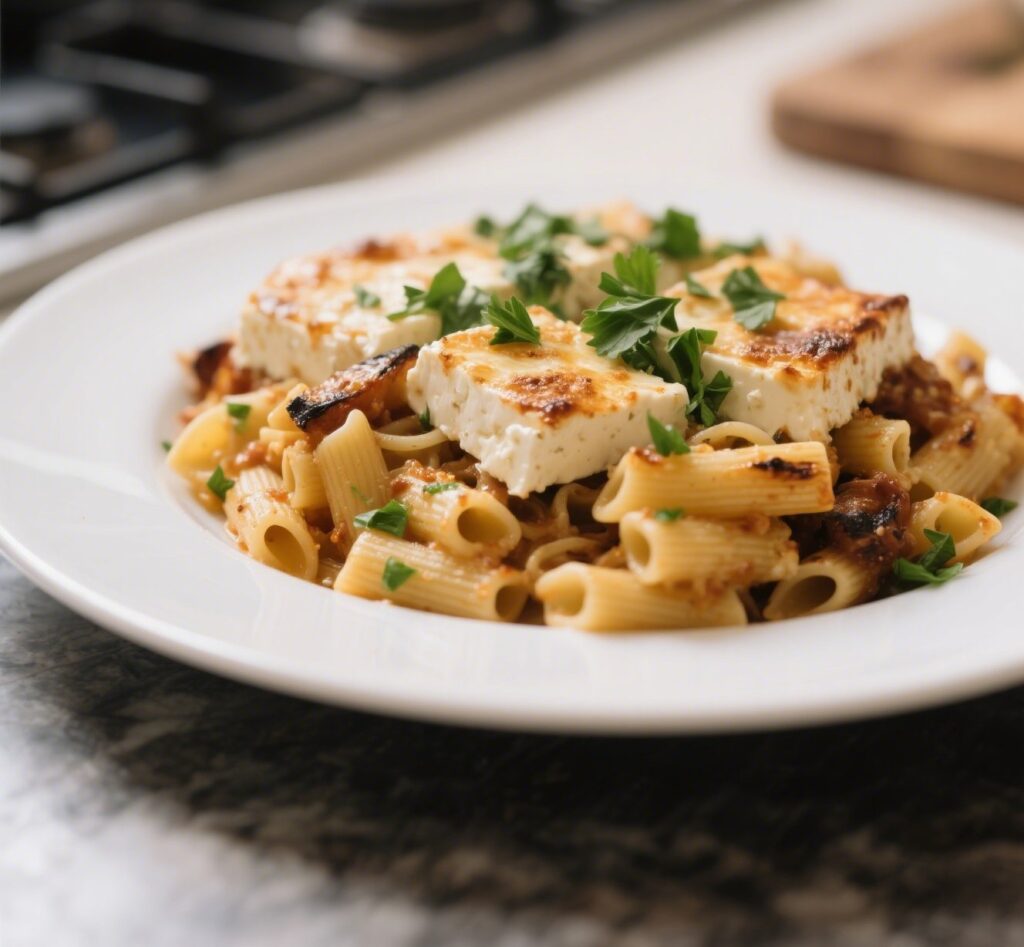 Baked feta pasta variation with grilled vegetables and parsley on a white plate
