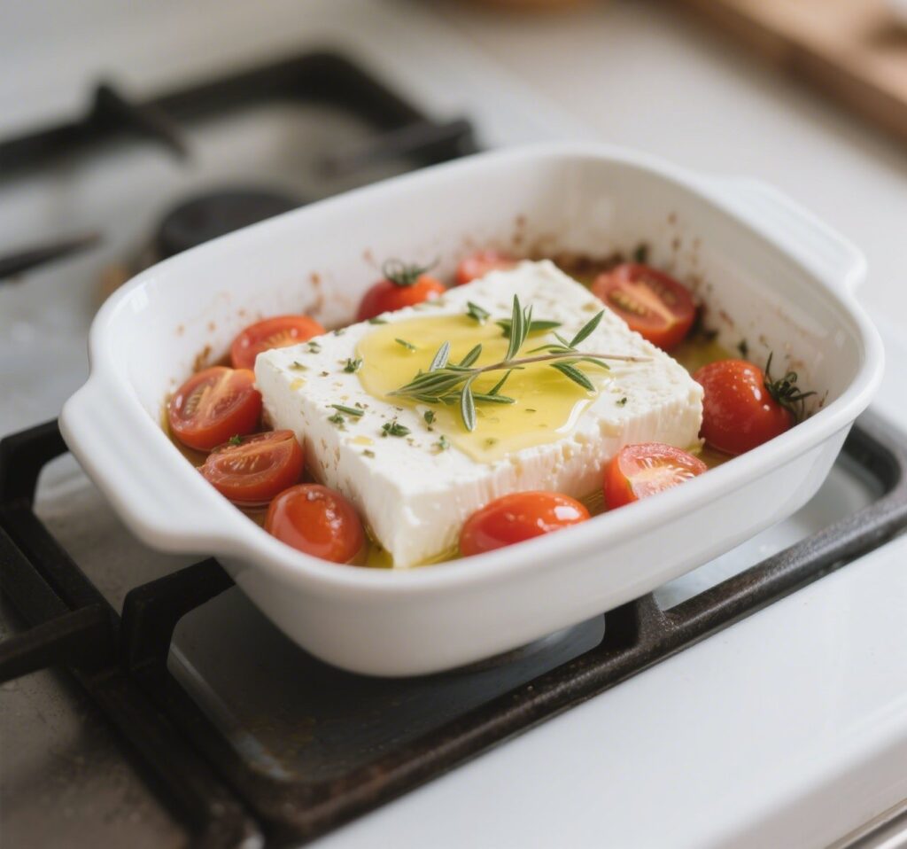 preparing baked feta and tomatoes