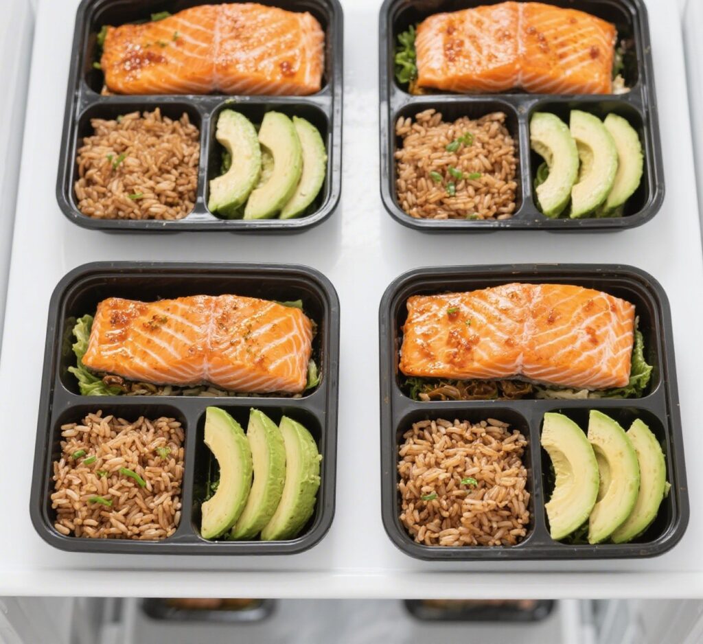 Meal Prep Bang Bang Salmon Bowls in Containers