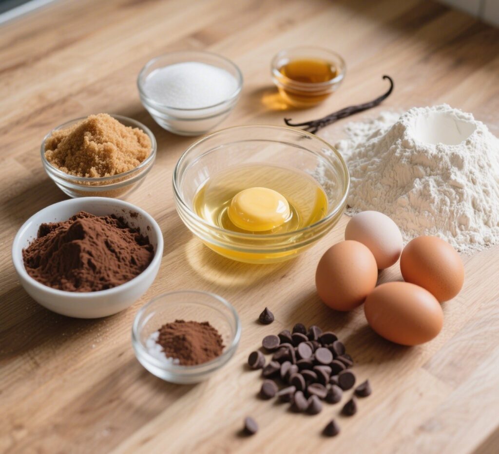 Brownie ingredients laid out before baking, including brown sugar and cocoa