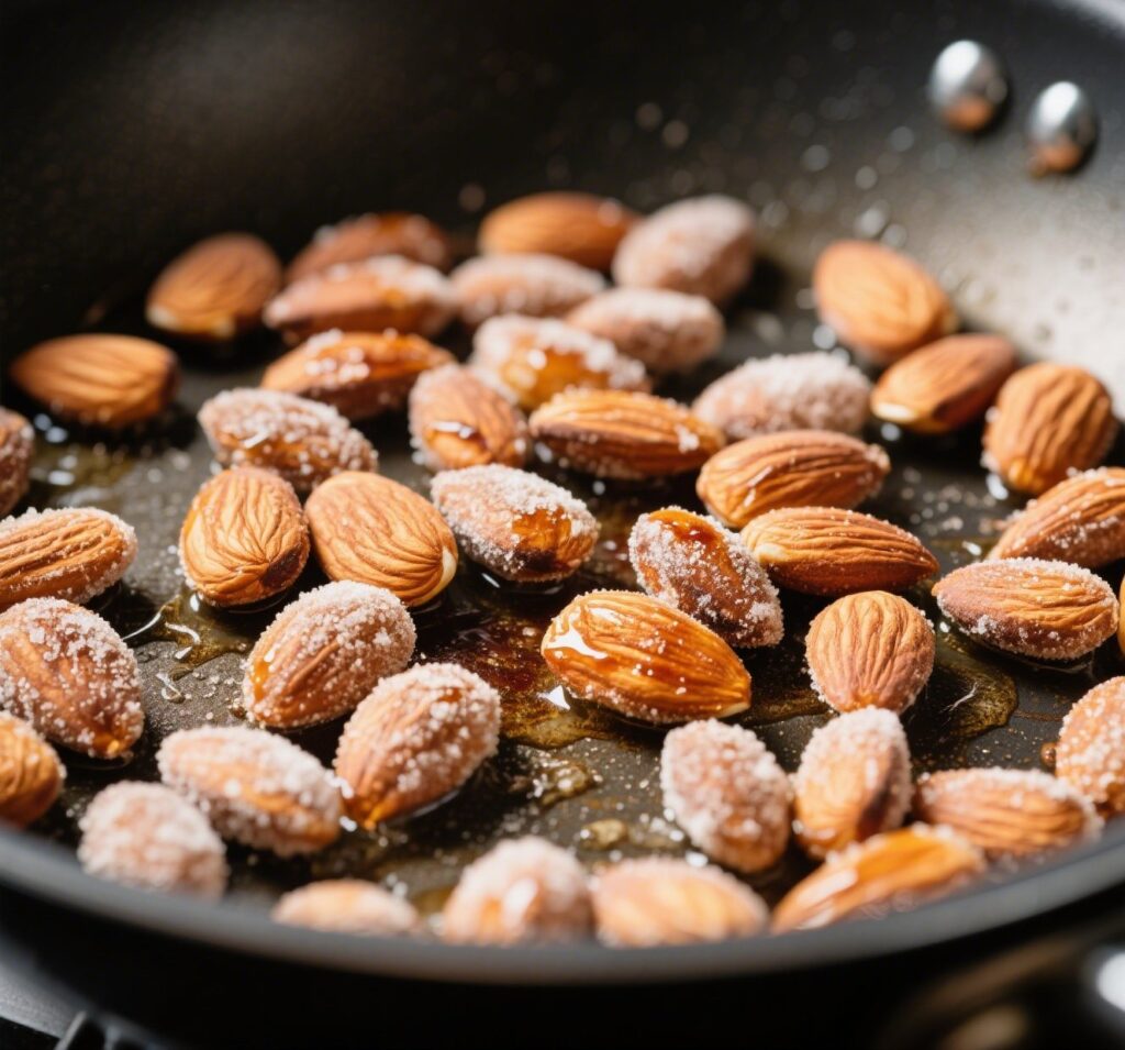 candied almonds in skillet for salad