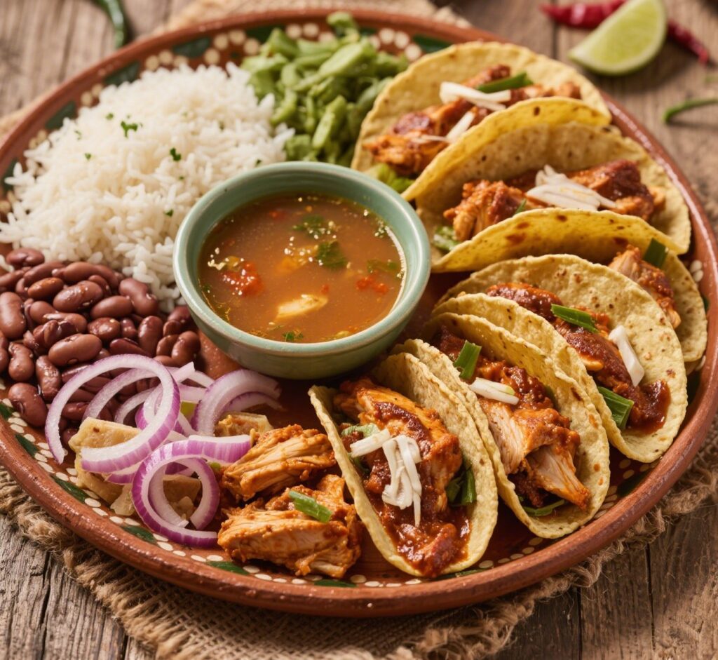 Chicken Birria Taco Plate with Sides and Consomé