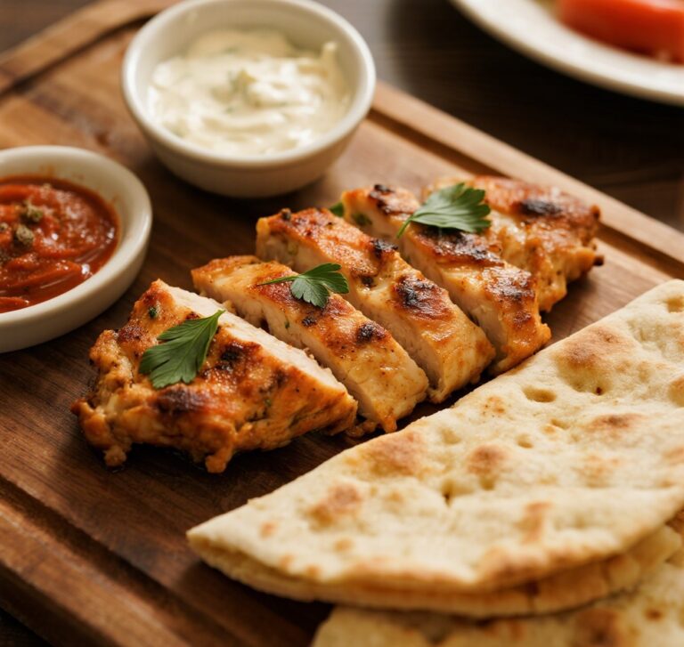 Delicious Chicken Shawarma served with pita and garlic sauce