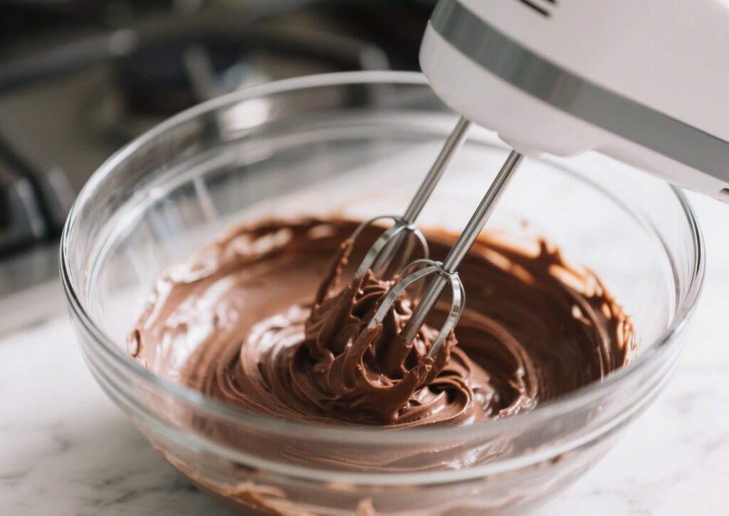 Chocolate buttercream frosting being whipped