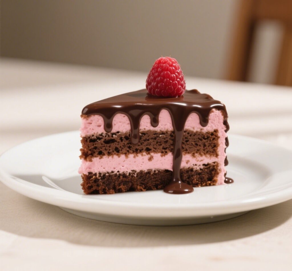 Decorated chocolate raspberry cake with ganache and fresh berries