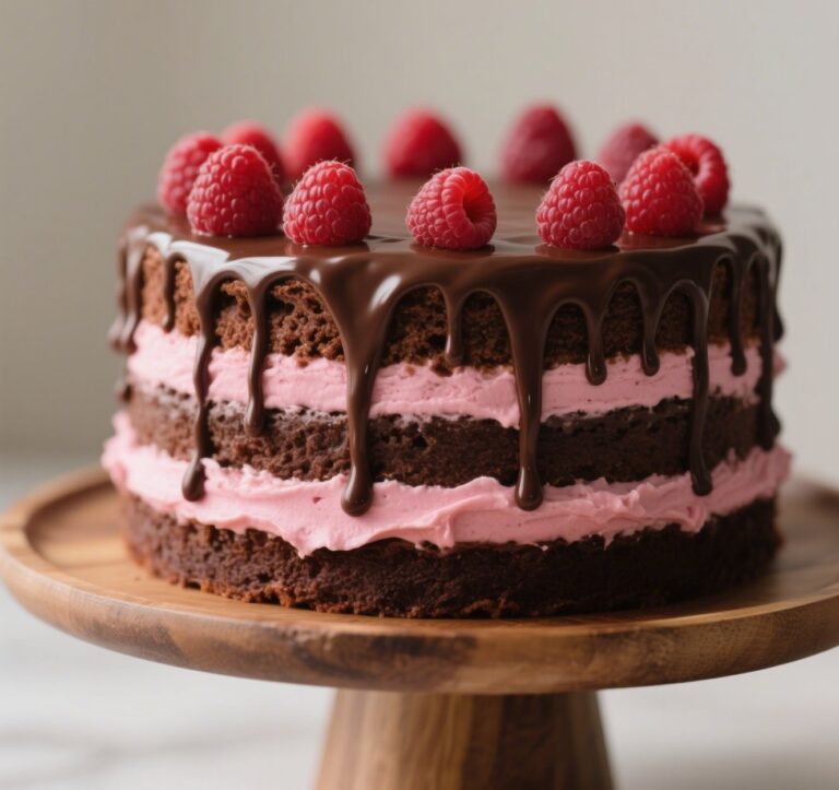 Chocolate Raspberry Cake with ganache and fresh raspberries