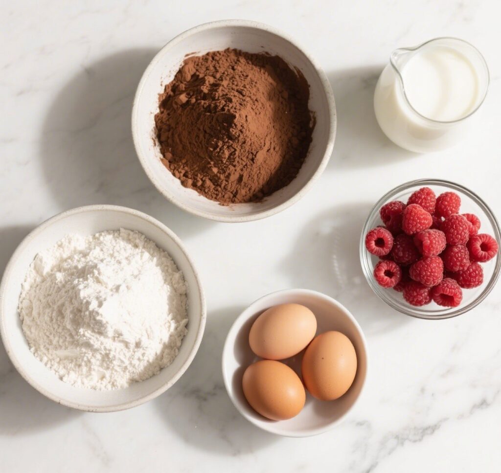 Chocolate Raspberry Cake ingredients on marble counter