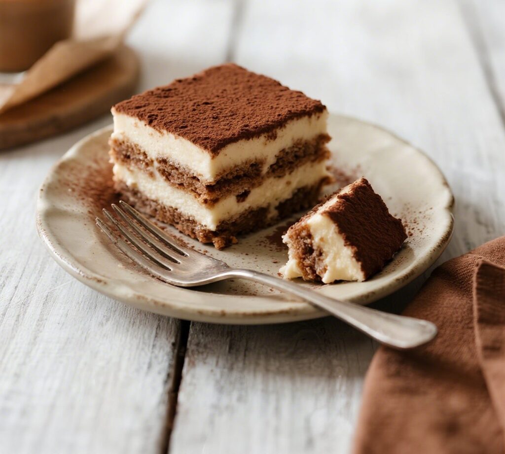 A slice of chocolate tiramisu served on a plate